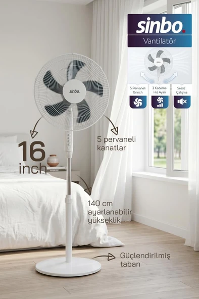 Sinbo SF-7705 Ayaklı Vantilatör 16 İnç 45W Sessiz Fan 3 Kademeli Yükseklik Ayarlı Güçlü ürün görseli 1