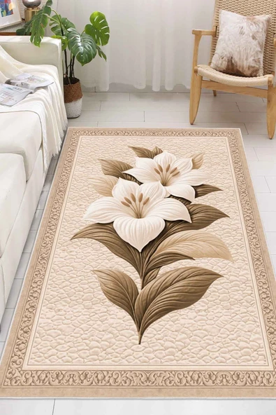 Zambak Desenli Baskılı Kaymaz Yıkanabilir Salon Oturma Odası Mutfak Antre Halısı Yolluk 200 x 400 cm Bej ürün görseli 1