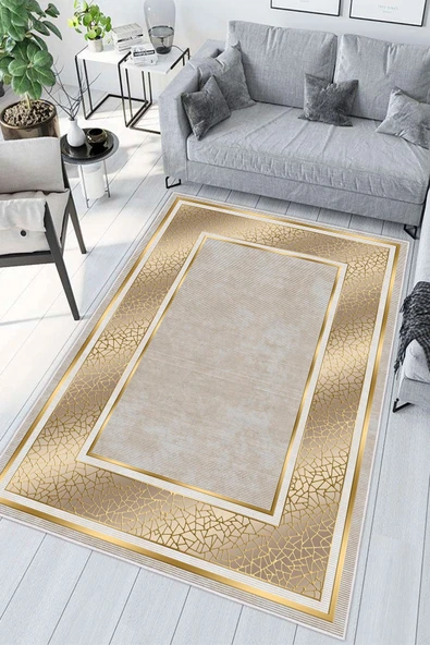 Çerçeveli Modern Baskılı Kaymaz Yıkanabilir Salon Oturma Odası Mutfak Antre Halısı Yolluk 50 x 60 cm Gold ürün görseli 1