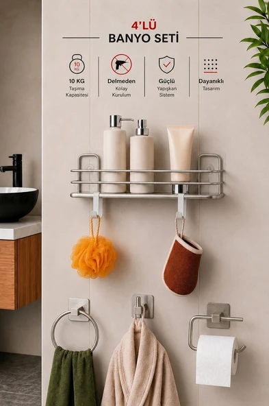 Banyo Düzenleyici Set 4 Parça Yapışkanlı Şampuanlık Tuvalet Kağıtlığı Havluluk Askı TSS-01 Krom ürün görseli 1
