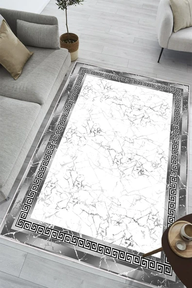 Çerçeveli Mermer Desen Baskılı Kaymaz Yıkanabilir Salon Oturma Odası Mutfak Antre Halısı Yolluk 100 x 200 cm Gri ürün görseli 1
