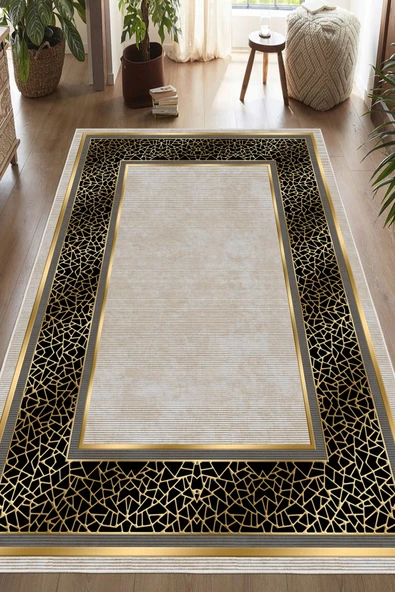 Çerçeveli Modern Baskılı Kaymaz Yıkanabilir Salon Oturma Odası Mutfak Antre Halısı Yolluk 80 x 300 cm Siyah ürün görseli 1