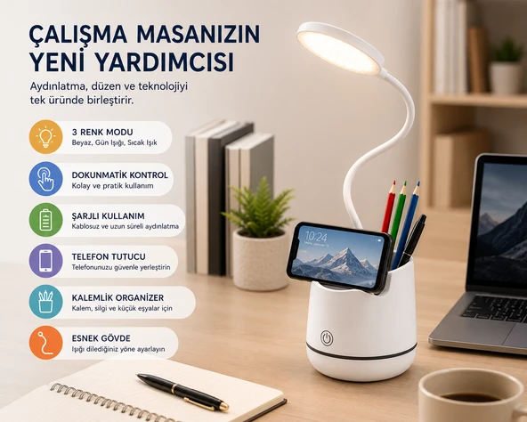 Şarjlı LED Masa Lambası Dokunmatik 3 Modlu Telefon Tutuculu Kalemlik Organizerli Esnek Gövdeli Çalışma Lambası ürün görseli 1