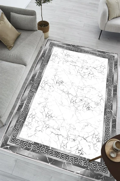 Çerçeveli Mermer Desen Baskılı Kaymaz Yıkanabilir Salon Oturma Odası Mutfak Antre Halısı Yolluk 100 x 300 cm Gri ürün görseli 1
