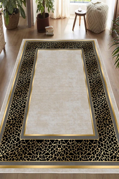 Çerçeveli Modern Baskılı Kaymaz Yıkanabilir Salon Oturma Odası Mutfak Antre Halısı Yolluk 80 x 400 cm Siyah ürün görseli 1