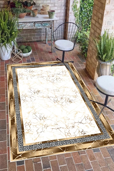 Çerçeveli Mermer Desen Baskılı Kaymaz Yıkanabilir Salon Oturma Odası Mutfak Antre Halısı Yolluk 120 x 200 cm Gold ürün görseli 1