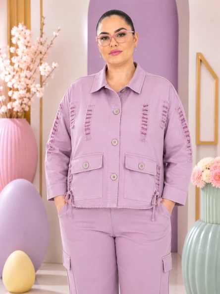 Büyük Beden Yakalı Düğme Detaylı Bağcıklı Ön Cepli Denim Kadın Ceket ürün görseli 1