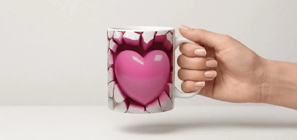 Kalp Figürlü Pembe 3 Boyutlu Görsel Baskılı Kupa Bardak — Romantik ve Etkili Bir Tasarım ? ürün görseli 1