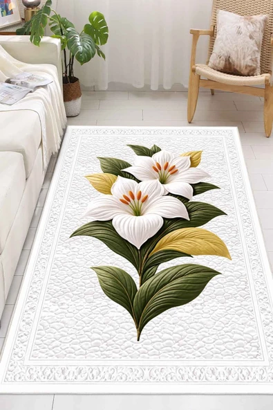 Zambak Desenli Baskılı Kaymaz Yıkanabilir Salon Oturma Odası Mutfak Antre Halısı Yolluk 200 x 300 cm Beyaz ürün görseli 1