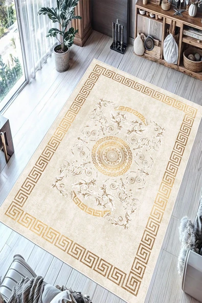 Çerçeveli Gold Desenli Baskılı Kaymaz Yıkanabilir Salon Oturma Odası Mutfak Balkon Halısı Yolluk 100 x 250 cm Gold ürün görseli 1
