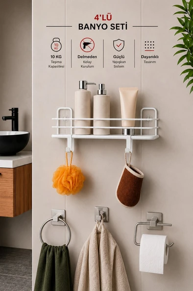 Banyo Düzenleyici Set 4 Parça Yapışkanlı Şampuanlık Tuvalet Kağıtlığı Havluluk Askı TSS-01 Beyaz ürün görseli 1