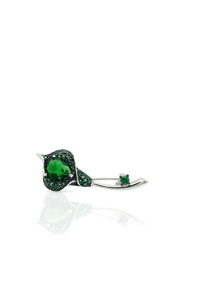 Zümrüt Zirkon Taşlı Lale Gümüş Broş 3.5x1.8 cm [OYSY250] ürün görseli 1