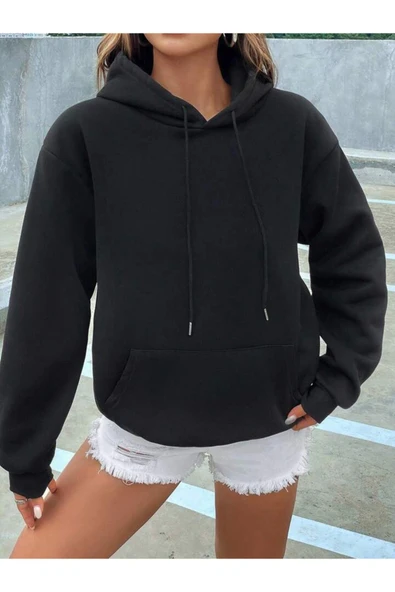 Fiery Night Kapüşonlu Basic Sweatshirt Siyah - Resim 6