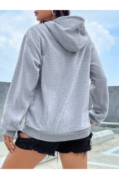 Fiery Night Kapüşonlu Basic Sweatshirt Gri - Resim 2