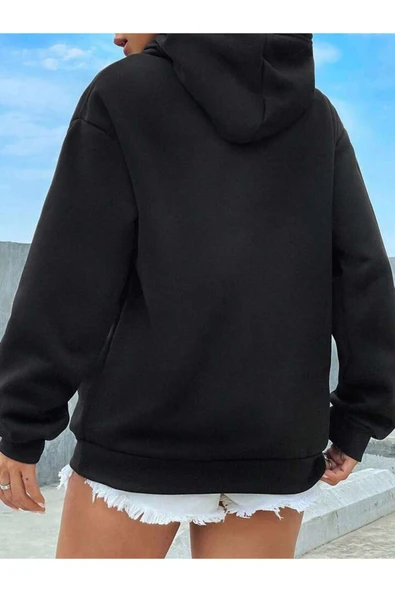 Fiery Night Kapüşonlu Basic Sweatshirt Siyah - Resim 2