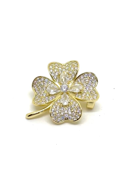 Işıltılı Altın Kaplama Gümüş Yonca Broş 2.4x2.8 cm ürün görseli 1