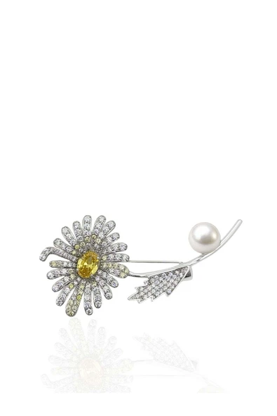 İncili Sarı Safir Zirkon Taşlı Papatya Gümüş Broş 5.5x3cm [OYSPB013] ürün görseli 1