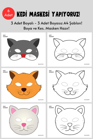 Organik Yolda Kedi Maskesi Şablonu, 6 Adet A4 Boyut, Kalın ve Sert Kağıt. ürün görseli 1