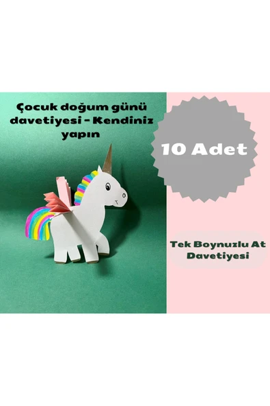 Organik Yolda Çocuk Doğum Günü Davetiyesi - Kendiniz Yapın Tek Boynuzlu At, 10 Adet. ürün görseli 1