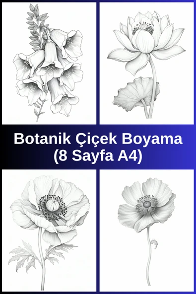 Organik Yolda Botanik Çiçek Boyama Sayfaları 6, (8 Adet A4 Boyut). ürün görseli 1