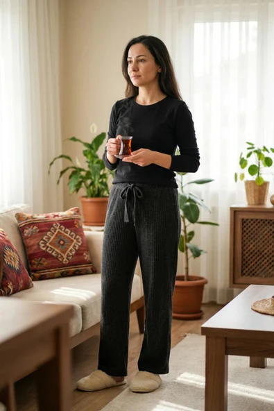 Organik Yolda Siyah Kaşkorse Pijama Altı Fitilli ürün görseli 1
