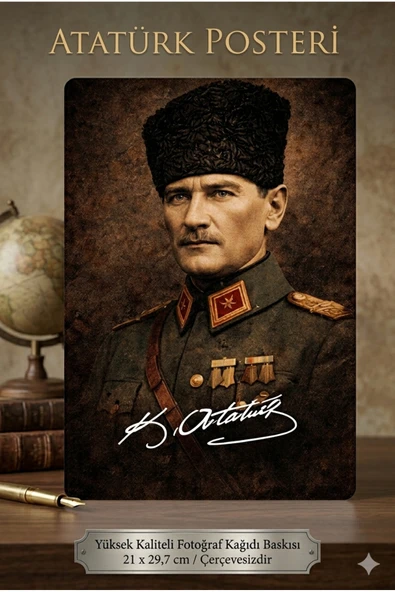Organik Yolda Atatürk Vintage Poster A4 21x29,7 cm (Çerçevesizdir) ?? İmzalı Dekoratif Ofis Ev Duvar Süsü ürün görseli 1