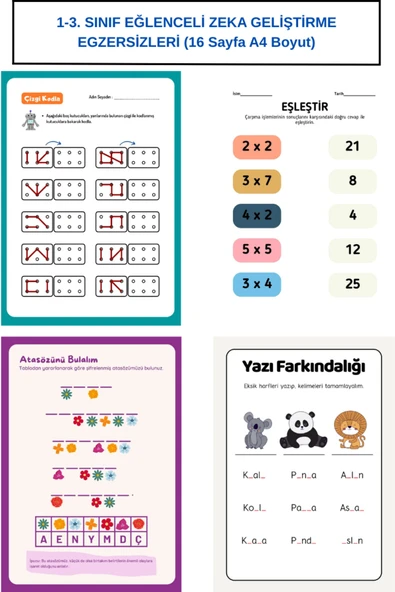 Organik Yolda 1-3. SINIF EĞLENCELİ ZEKA GELİŞTİRME EGZERSİZLERİ (16 Sayfa A4 Boyut) ürün görseli 1