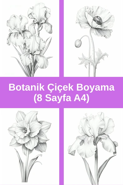 Organik Yolda Botanik Çiçek Boyama Sayfaları 3, (8 Adet A4 Boyut). ürün görseli 1