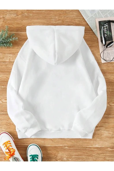 Organik Yolda Kapüşonlu Oversize Sweatshirt Beyaz - Resim 2
