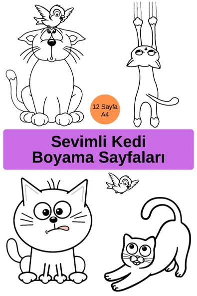Organik Yolda Sevimli Kedi Boyama Sayfaları (12 Sayfa A4) ürün görseli 1