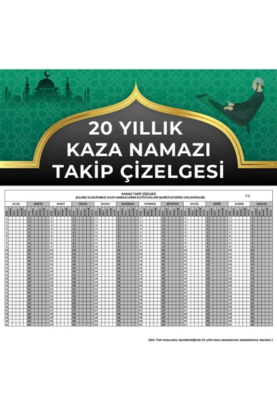 Organik Yolda 20 Yıllık Kaza Namazı Takip Çizelgesi A4 Boyutundadır ürün görseli 1
