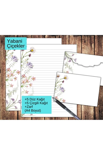 Organik Yolda Yabani Çiçekler Zarflı Mektup Not Kağıdı, +5 Düz kağıt +5 Çizgili Kağıt +Zarf (A4 Boyut) ürün görseli 1