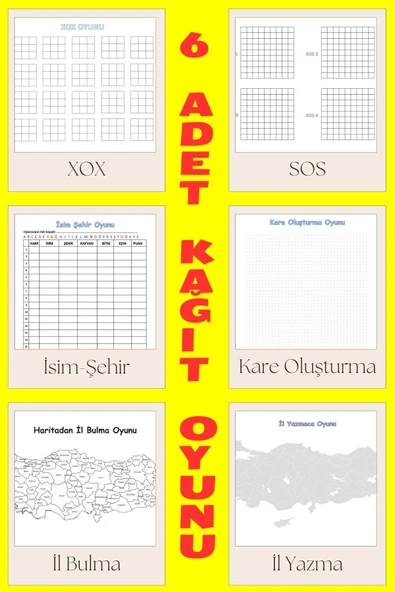 Fiery Night 6 Çeşit Kağıt Kalem Oyunu. XOX - SOS - İSİM ŞEHİR - KARE OLUŞTURMA - İL BULMA - İL YAZMA (A4 BOYUT) ürün görseli 1