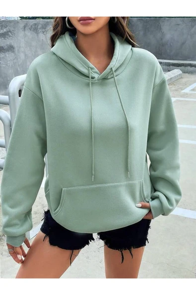 Fiery Night Kapüşonlu Basic Sweatshirt Mint Yeşili - Resim 5