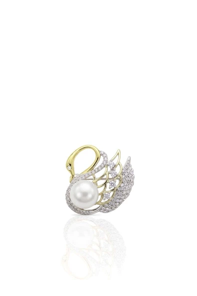 İnci Detaylı Kuğu Figürlü Zirkon Taşlı Gümüş Broş 2.2x2.3 cm [OYSY246] ürün görseli 1