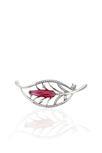 Pembe Zirkon Taşlı Yaprak Gümüş Broş 4.9x1.7cm [OYA-BR-001] ürün görseli 1