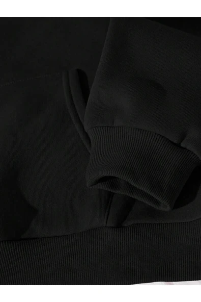 Organik Yolda Kapüşonlu Oversize Sweatshirt Siyah - Resim 5