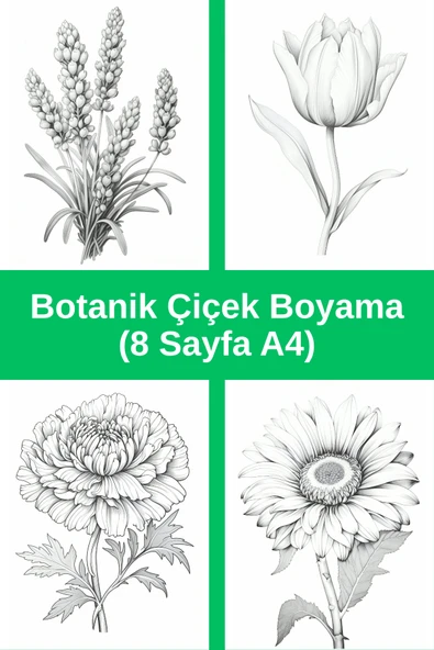 Organik Yolda Botanik Çiçek Boyama Sayfaları 2, (8 Adet A4 Boyut). ürün görseli 1