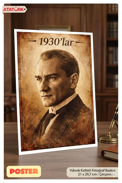 Organik Yolda 1930'lar Atatürk Posteri A4 21x29,7 cm (Çerçevesizdir) ?? Dekoratif Tablo Ofis Ev Duvar Süsü ürün görseli 1