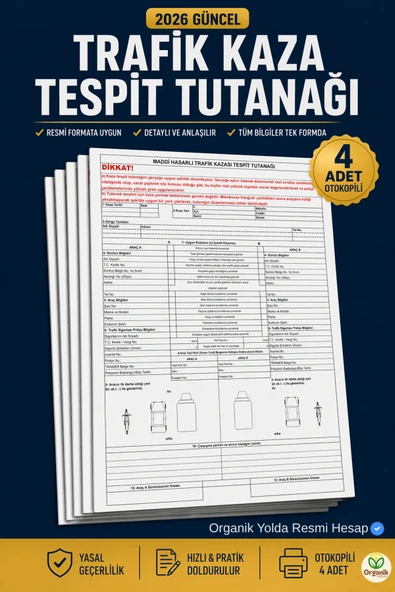 Organik Yolda 4 Adet Otokopili Trafik Kaza Tespit Tutanağı 2026 Güncel | Resmi Format Uyumlu | Pratik ve Hızlı Doldurma ürün görseli 1