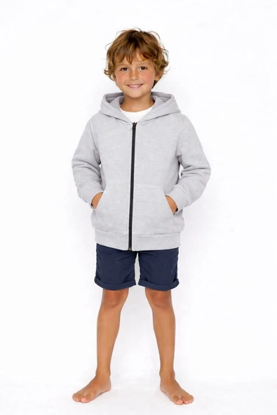 Çocuk Fermuarlı Kapüşonlu Sweatshirt / Açık Gri Melanj ürün görseli 1
