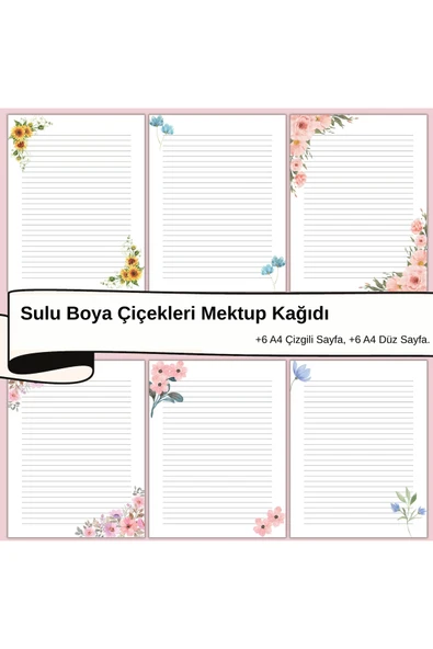 Organik Yolda Sulu Boya Çiçekleri Mektup Not Kağıdı, +6 Düz kağıt +6 Çizgili Kağıt (A4 Boyut) ürün görseli 1