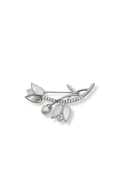 Beyaz Işıltılı Sedefli Gümüş Lale Broş – 5.2x3 cm ürün görseli 1