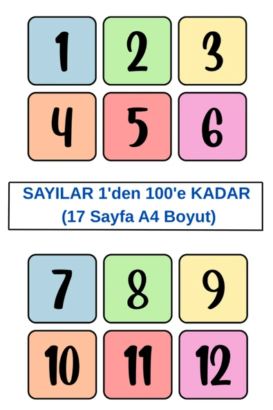 Organik Yolda Sayıları Kolay ve Hızlı Ezberleten Renkli Sayılar, 1'den 100'e KADAR  (17 Sayfa A4 Boyut). ürün görseli 1