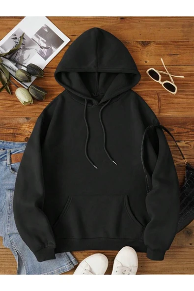 Organik Yolda Kapüşonlu Oversize Sweatshirt Siyah ürün görseli 1