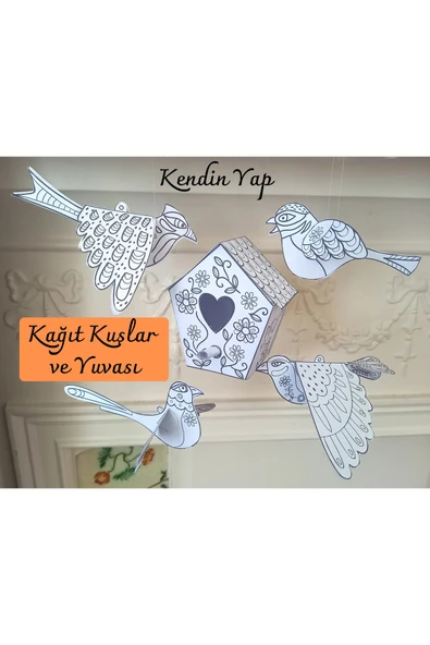 Organik Yolda Kağıt Kuşlar ve Yuvası Şablonu, Kendin Yap, 4 Adet Şablon, Boyama ve El Sanatları. ürün görseli 1
