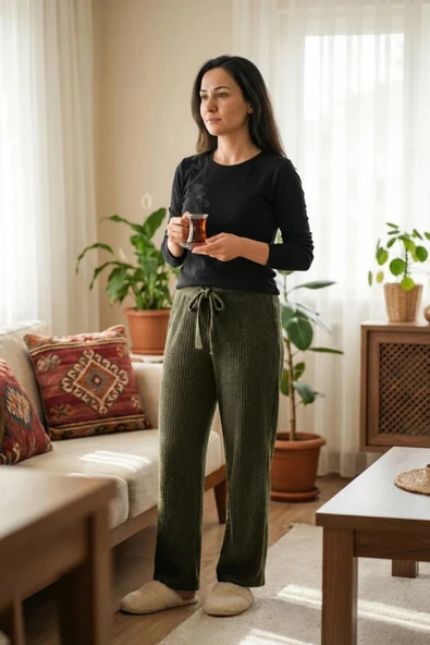 Organik Yolda Haki Kaşkorse Pijama Altı Fitilli ürün görseli 1