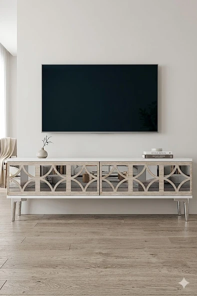 TSA1236BTS ÖZ Tv Sehpası Beyaz-Traverten-Silver 120cm ürün görseli 1
