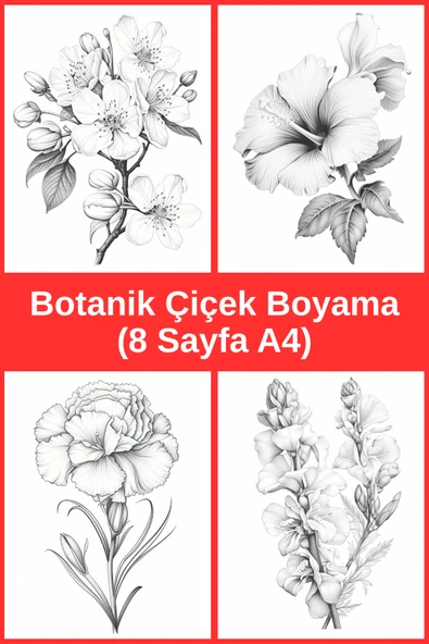 Organik Yolda Botanik Çiçek Boyama Sayfaları 5, (8 Adet A4 Boyut). ürün görseli 1