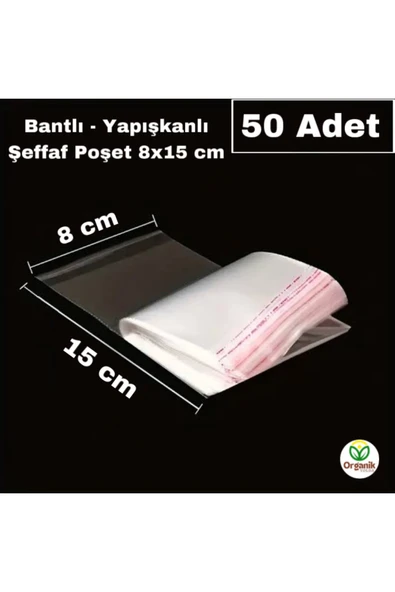 Organik Yolda ŞEFFAF, BANTLI - YAPIŞKANLI JELATİN POŞET 50 ADET, 8X15 cm ürün görseli 1